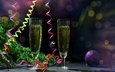 ветка, новый год, елка, хвоя, напиток, игрушка, шар, ель, бокалы, праздник, шампанское, боке, серпантин