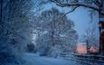 дорога, деревья, снег, закат, зима, пейзаж