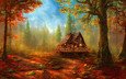 арт, деревья, камни, лес, пейзаж, туман, осень, сказка, сказочный дом