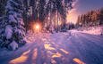 дорога, снег, природа, лес, закат, зима, пейзаж, лучи солнца, сугробы, сказка, норвегии, заснеженные деревья, sokna