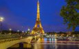 ночь, иллюминация, мост, город, париж, франция, эйфелева башня, река сена