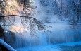 деревья, река, закат, зима, пейзаж, водопад, ветки деревьев