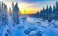 деревья, снег, лес, закат, зима, пейзаж, финляндия, замёрзшая река