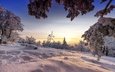 снег, природа, закат, зима, пейзаж, сугробы, заснеженные деревья