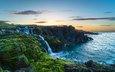 закат, пейзаж, море, водопад, скалистый берег, north coasst of ireland, dundeverick falls sunset