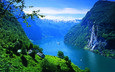 река, горы, пейзаж, море, водопад, домики, норвегия, фьорд гейрангер