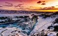 река, снег, закат, зима, пейзаж, водопад, исландия, gullfoss falls