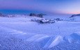 снег, зима, пейзаж, горизонт, панорама, домики, швейцария, тоггенбург, голубой час перед восходом
