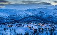 деревья, горы, зима, пейзаж, закат солнца, сумерки, синий час, южная норвегия, коттеджи. дома