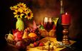 цветы, орехи, фрукты, стол, свеча, натюрморт, бокал вина