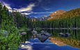 деревья, озеро, горы, камни, отражение, пейзаж, rocky mountain national park, bear lake