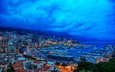 облака, море, город, лодки, дома, здания, монако, монте-карло, синий час