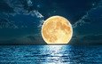 небо, море, горизонт, луна, лунный свет, полная луна, supermoon
