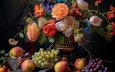 цветы, виноград, фрукты, разноцветный, букет, красивый, персики, ваза, натюрморт