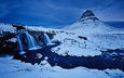 зима, пейзаж, гора, киркьюфетль, waterfall kirkjufellsfoss