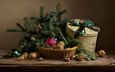 новый год, украшения, орехи, ветки, ель, игрушки, лента, праздник, коробка, корзинка