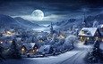ночь, огни, снег, новый год, зима, город, елочная