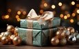 шарики • огни • темный фон • доски • зеленые • рождество • лента • подарки • новый год • бантик • золотые • боке • ёлочные игрушки • новогодние украшения • подарочные коробки • ии-арт • нейросеть