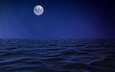 ночь, волны, море, луна, ретушь