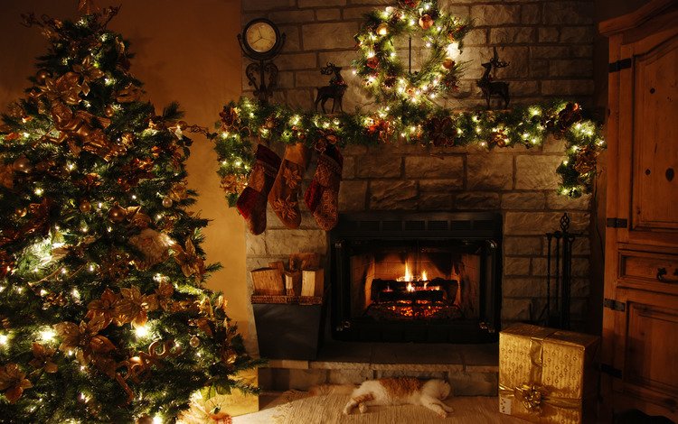 елка, украшения, дом, камин, праздник, tree, decoration, house, fireplace, holiday