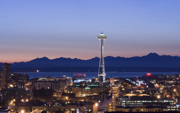 вечер, горы, башня, сиэтл, space needle, the evening, mountains, tower, seattle