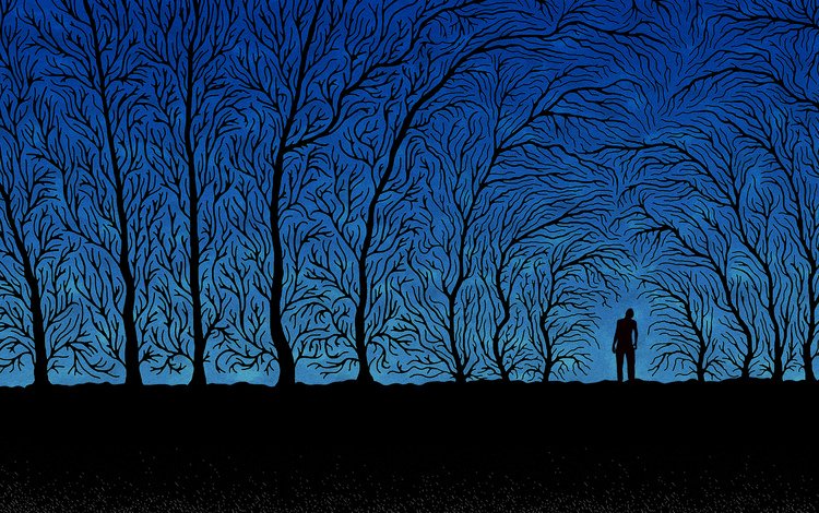 деревья, синий, ветки, человек, черный, trees, blue, branches, people, black