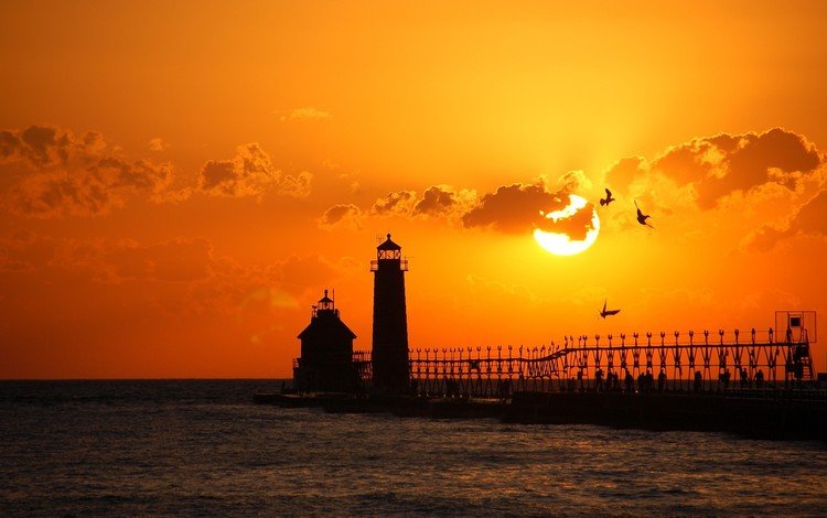 закат, море, пляж, маяк, sunset, sea, beach, lighthouse