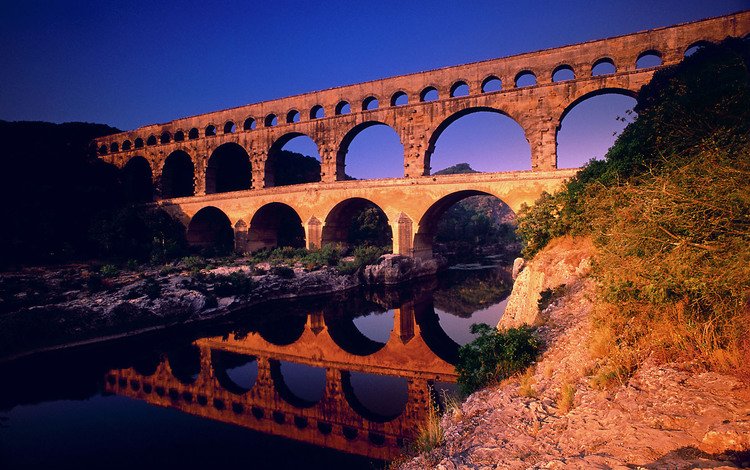 река, отражение, мост, арки, франция, акведук, пон-дю-гар, river, reflection, bridge, arch, france, aqueduct