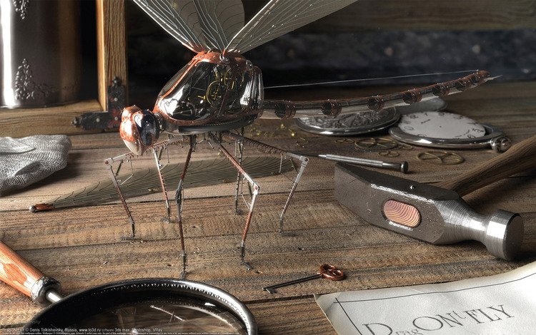стол, ключ, стрекоза, denis tolkishevsky, молоток, лупа, механизмы, table, key, dragonfly, hammer, magnifier, mechanisms