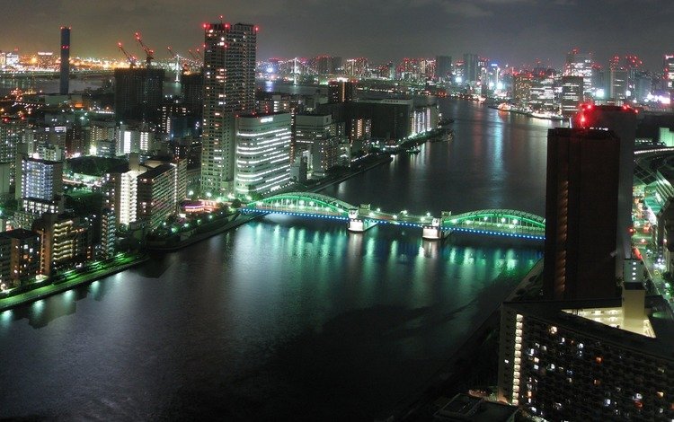 ночь, река, мост, японии, токио, night, river, bridge, japan, tokyo