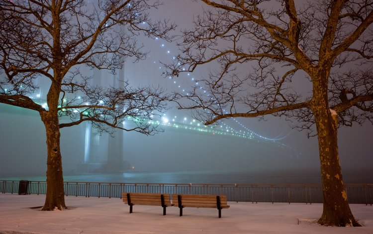 деревья, огни, вечер, снег, парк, туман, мост, скамейки, trees, lights, the evening, snow, park, fog, bridge, benches