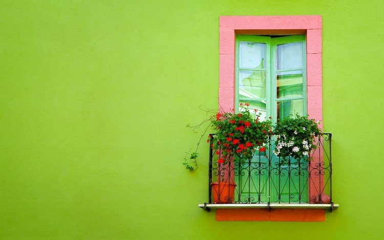 зелёный, стена, окно, балкон, green, wall, window, balcony
