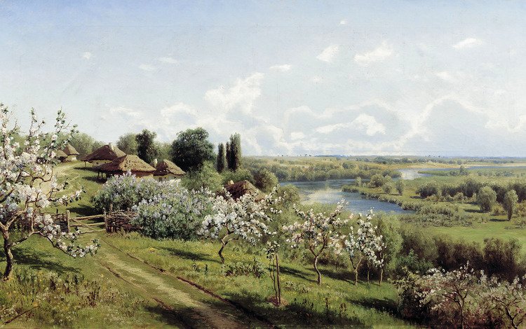 картина, сергеев, яблони в цвету, в малороссии, picture, sergeev, the apple trees in bloom, in the ukraine