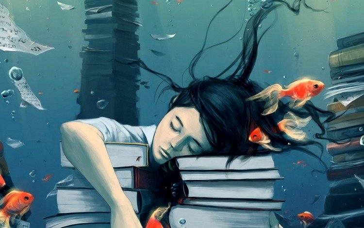 вода, пузыри, девушка, сон, мечты, спокойствие, книги, учеба, рыбки, water, bubbles, girl, sleep, dreams, calm, books, study, fish
