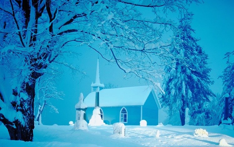 снег, зима, церковь, елки, домик, snow, winter, church, tree, house