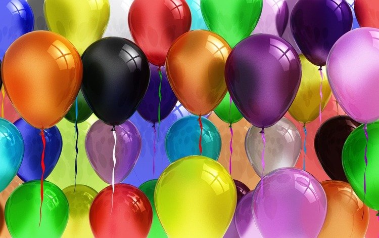разноцветные, шарики, ленточки, рендеринг, воздушные шарики, colorful, balls, ribbons, rendering, balloons