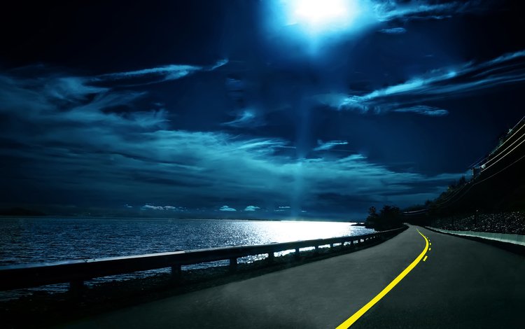 небо, даль, дорога, ночь, вода, тучи, горизонт, разметка, путь, the sky, dal, road, night, water, clouds, horizon, markup, the way