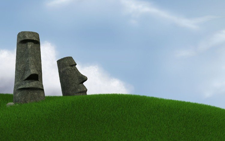 небо, трава, остров пасхи, статуи, статуи моаи, моай, рапануи, the sky, grass, easter island, statues, the moai statues, moai, rapanui
