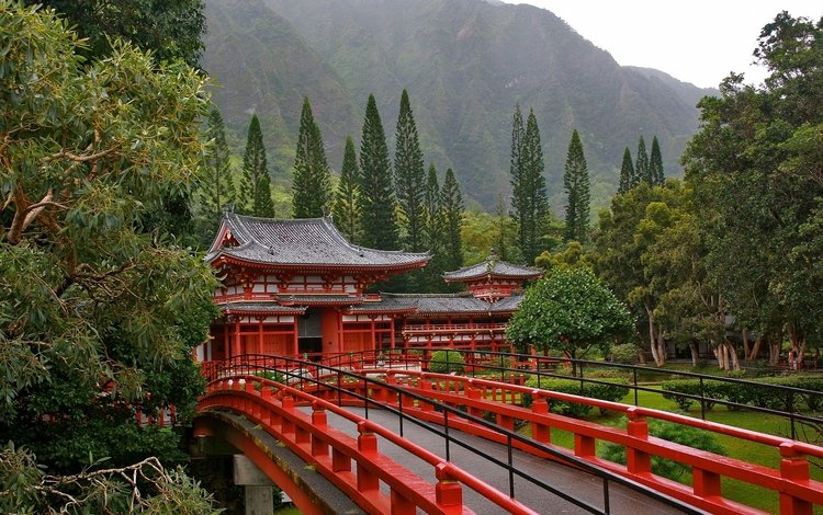 деревья, мост, пагода, япония, trees, bridge, pagoda, japan