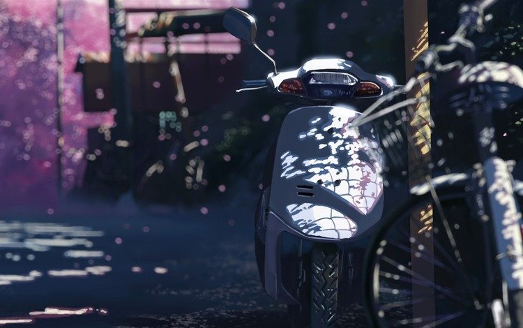 макото синкай, 5 сантиметров в секунду, сакура, мотоцикл, makoto xingkai, 5 centimeters per second, sakura, motorcycle