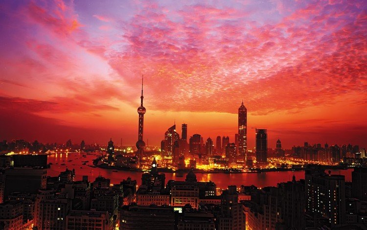 огни, закат, небоскребы, шанхай, башня, lights, sunset, skyscrapers, shanghai, tower