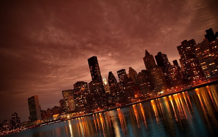 ночь, огни, река, город, небоскребы, манхеттен, нью йорк, манхэттен, nyc, night, lights, river, the city, skyscrapers, manhattan, new york