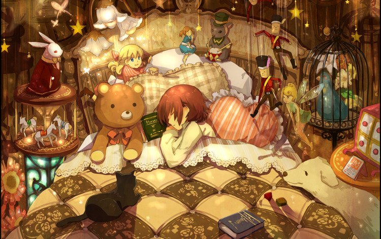 подушки, спят, животные, девочка, игрушки, мальчик, кровать, книжки, много, pillow, sleep, animals, girl, toys, boy, bed, books, a lot