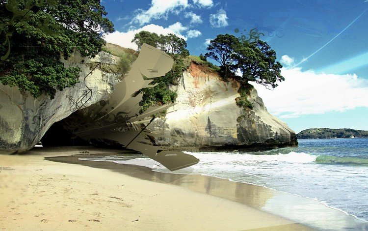 берег, волны, песок, пещера, shore, wave, sand, cave