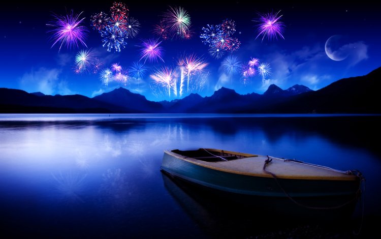 небо, фейерверки, ночь, вода, озеро, горы, отражение, луна, лодка, the sky, fireworks, night, water, lake, mountains, reflection, the moon, boat