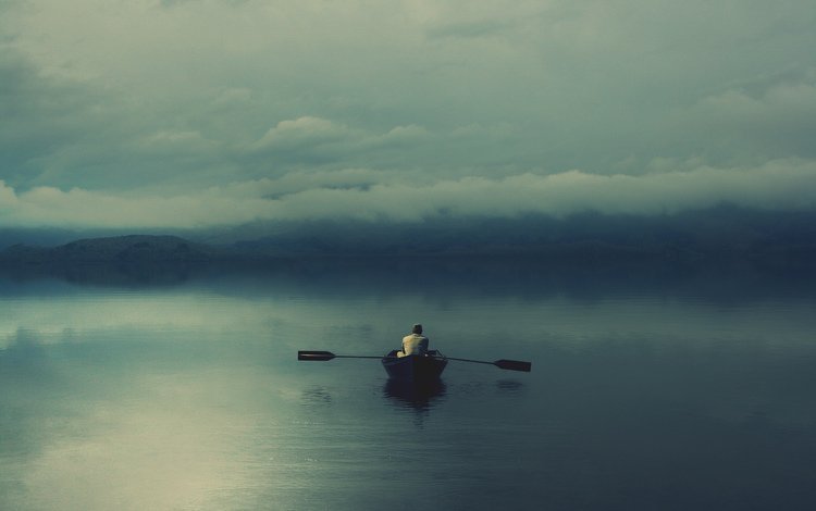 озеро, одиночество, лодочник, мгла, lake, loneliness, the boatman, haze
