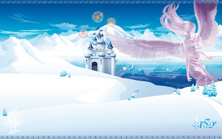 горы, зима, замок, аниме, ангел, mountains, winter, castle, anime, angel