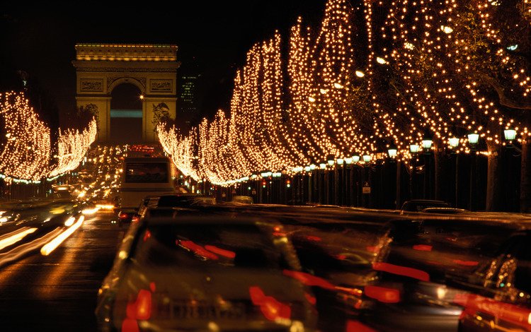 ночь, новый год, париж, триумфальная арка, гирлянды, night, new year, paris, arch, garland