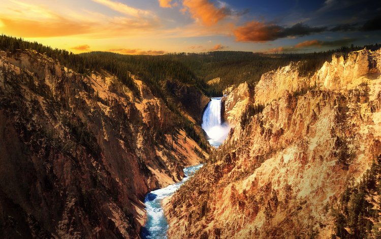 река, скалы, закат, водопад, йеллоустоун, river, rocks, sunset, waterfall, yellowstone