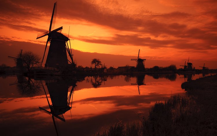 небо, мельницы, ветряки, нидерланды, kinderdijk sunset, идерланды, the sky, mill, windmills, netherlands, ederland